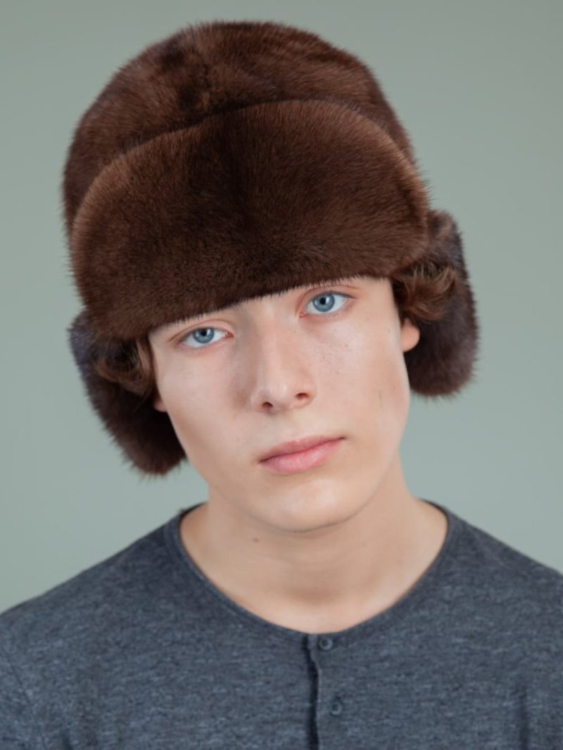 natural brown mink fur trapper hat with ear flaps for men