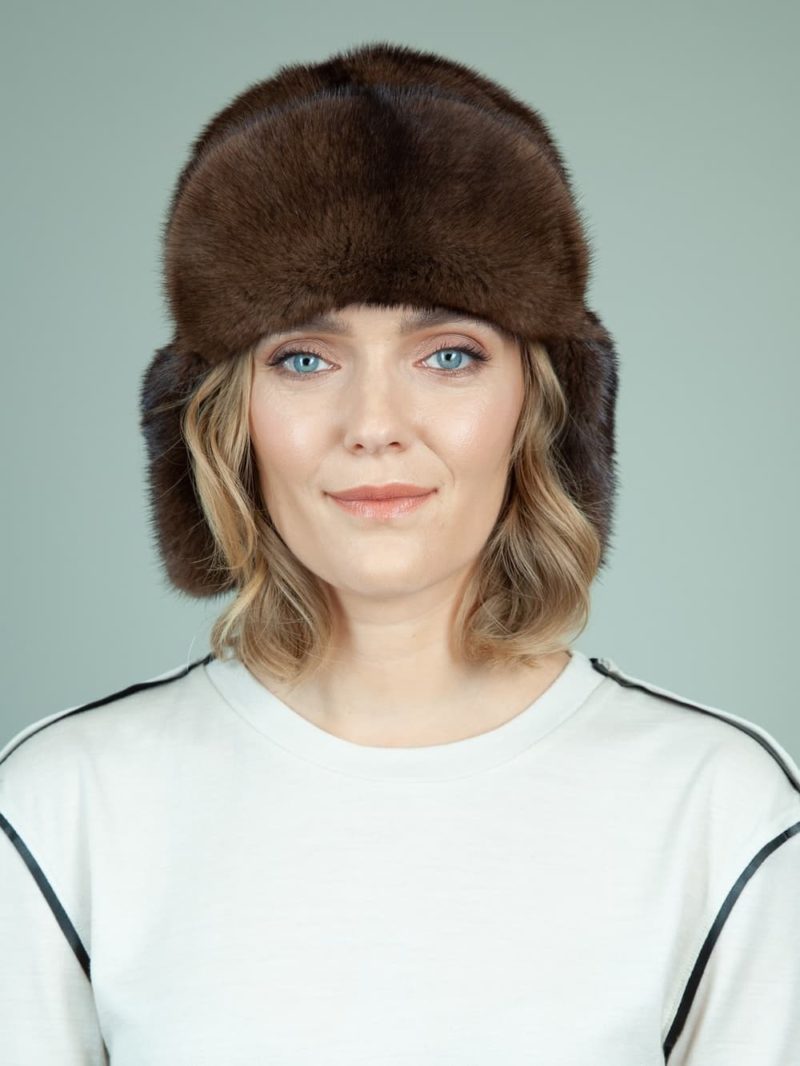 natural brown mink fur trapper hat with ear flaps for women