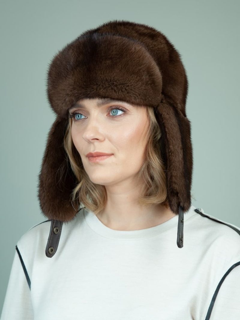 natural brown mink fur trapper hat with ear flaps for women