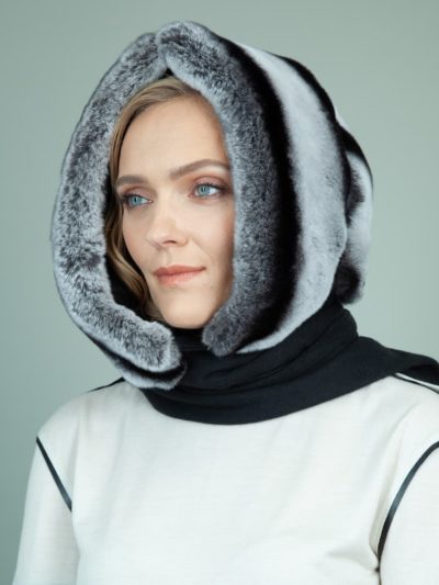 gray rex rabbit fur hooded scarf with black cashmere lining for women