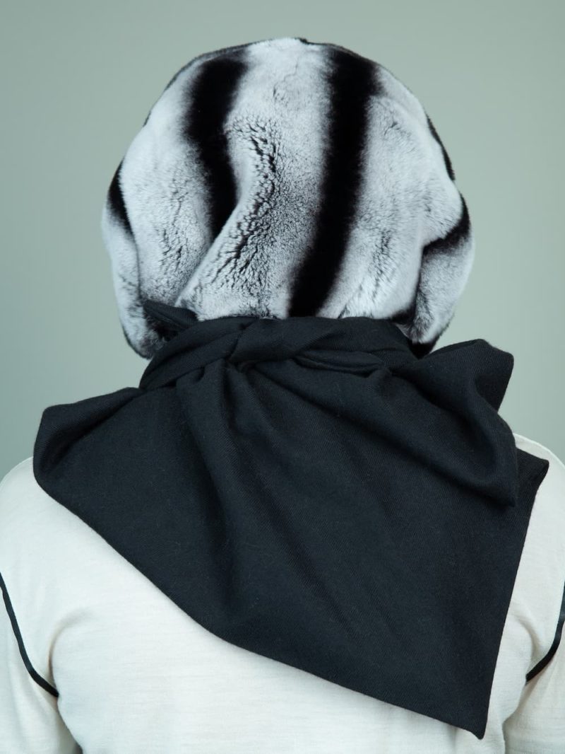 gray rex rabbit fur hooded scarf with black cashmere lining for women