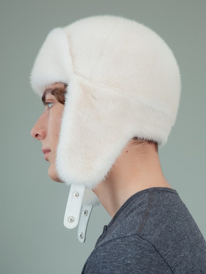 natural pearl mink fur trapper hat with ear flaps for men