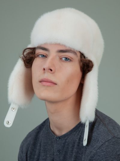 natural pearl mink fur trapper hat with ear flaps for men