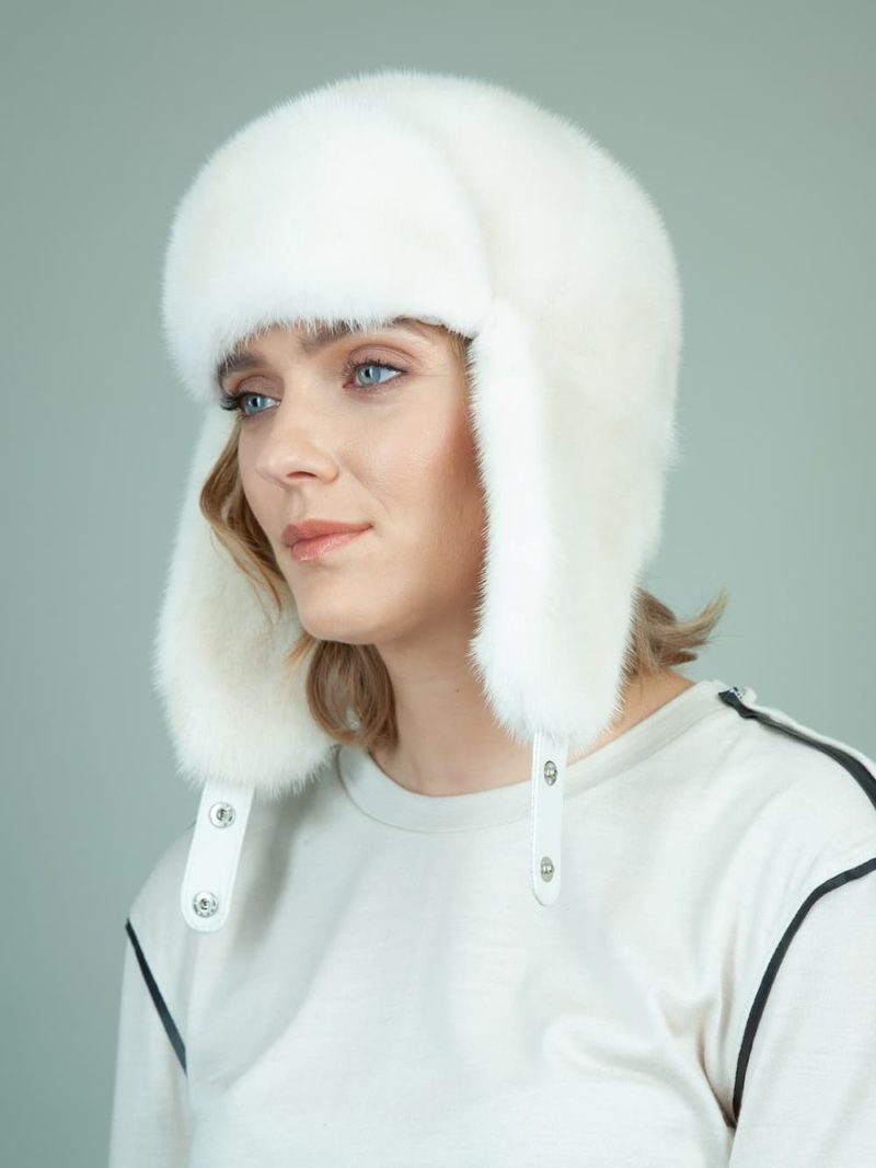 natural pearl mink fur trapper hat with ear flaps for women