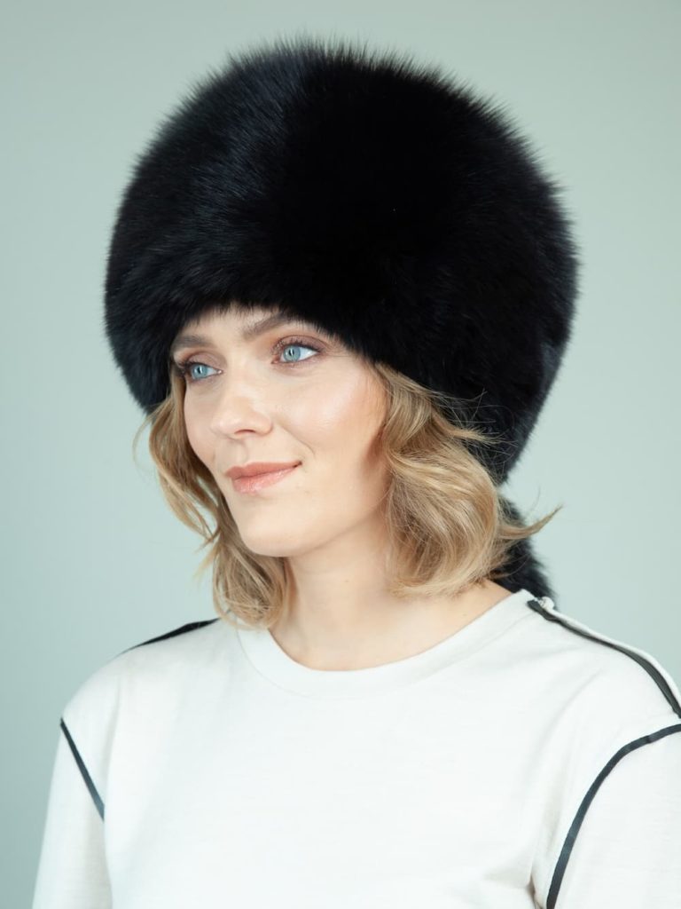 Round Black Fox Fur Hat With Detachable Tail Handmade By Nordfur 