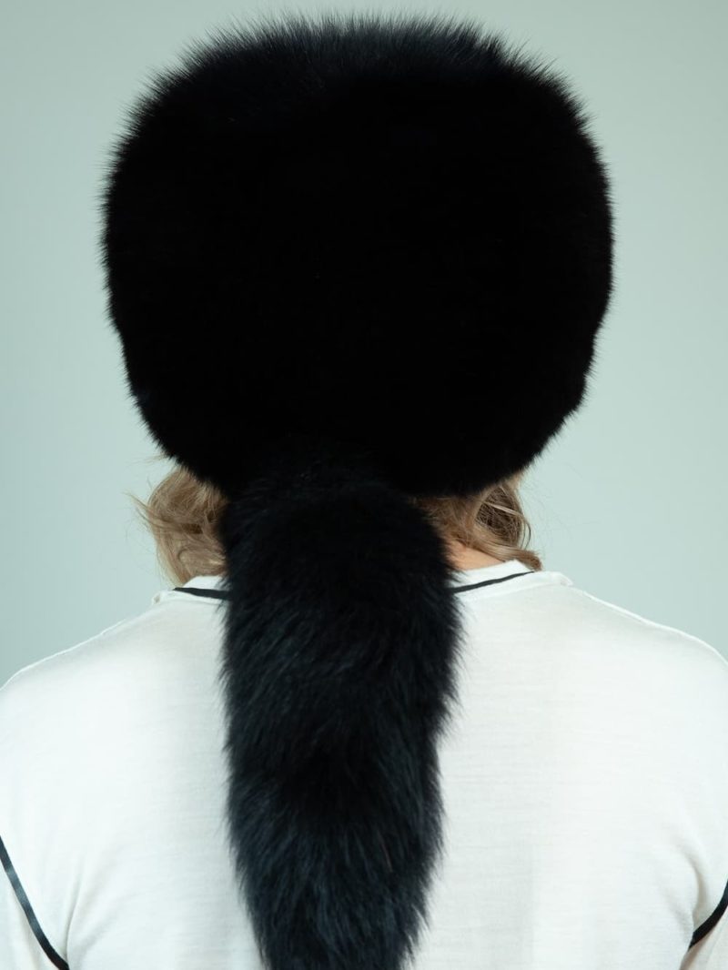 round black cossack fox fur hat women with tail