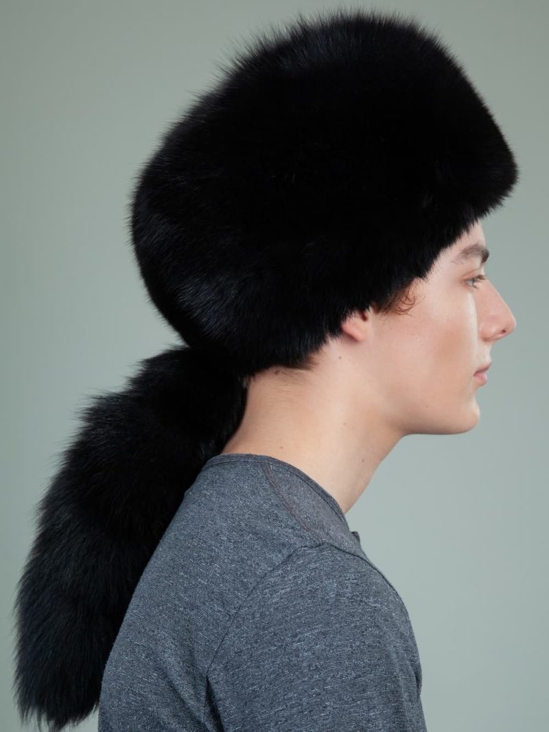 round black cossack fox fur hat men with tail