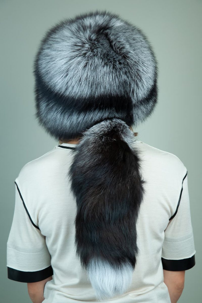 round cossack silver fox fur hat for women with tail