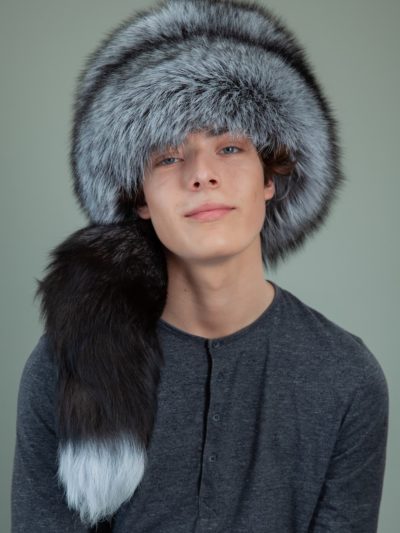 round cossack silver fox fur hat for men with tail