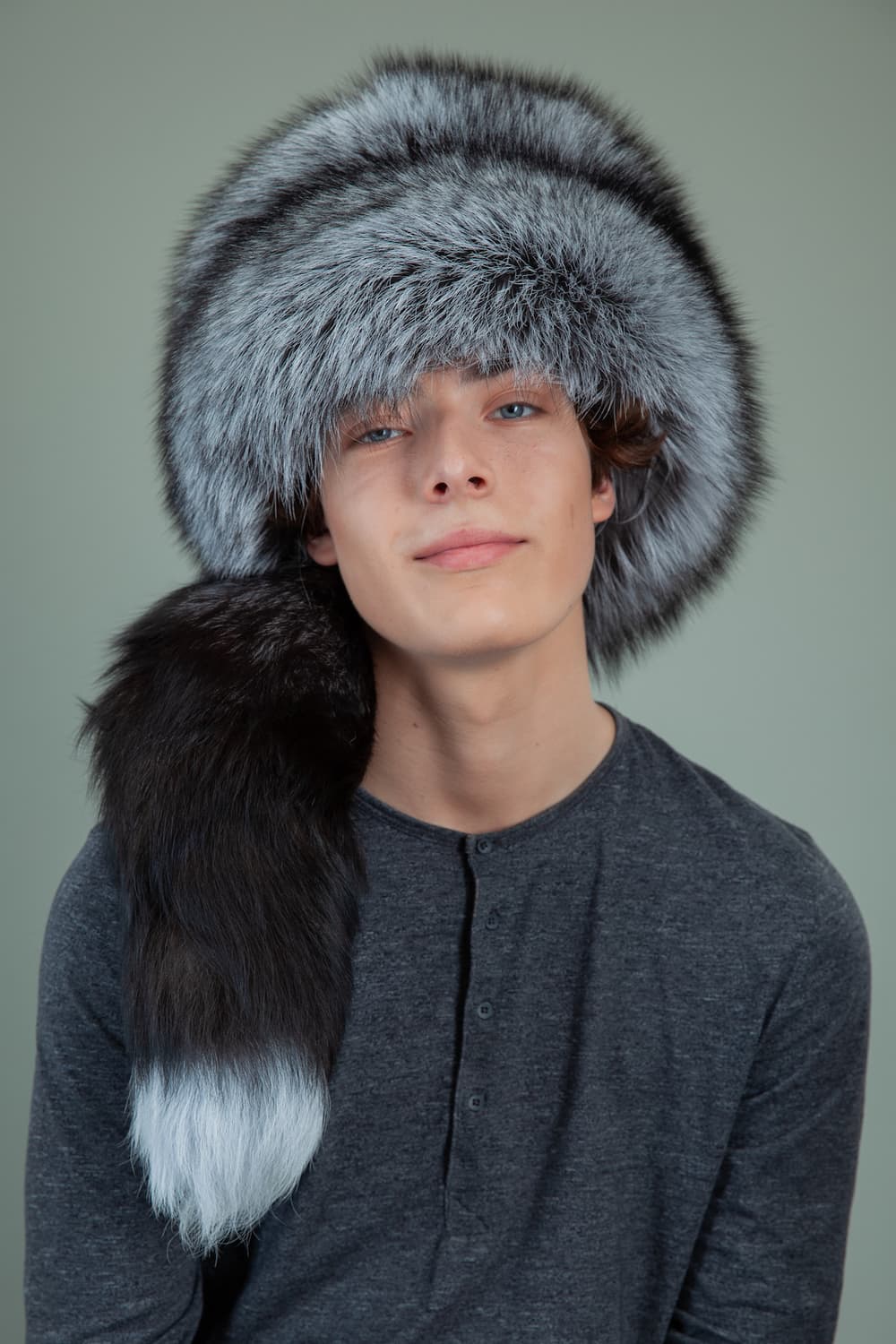 Silver Fox Fur Hat with Detachable Tail 