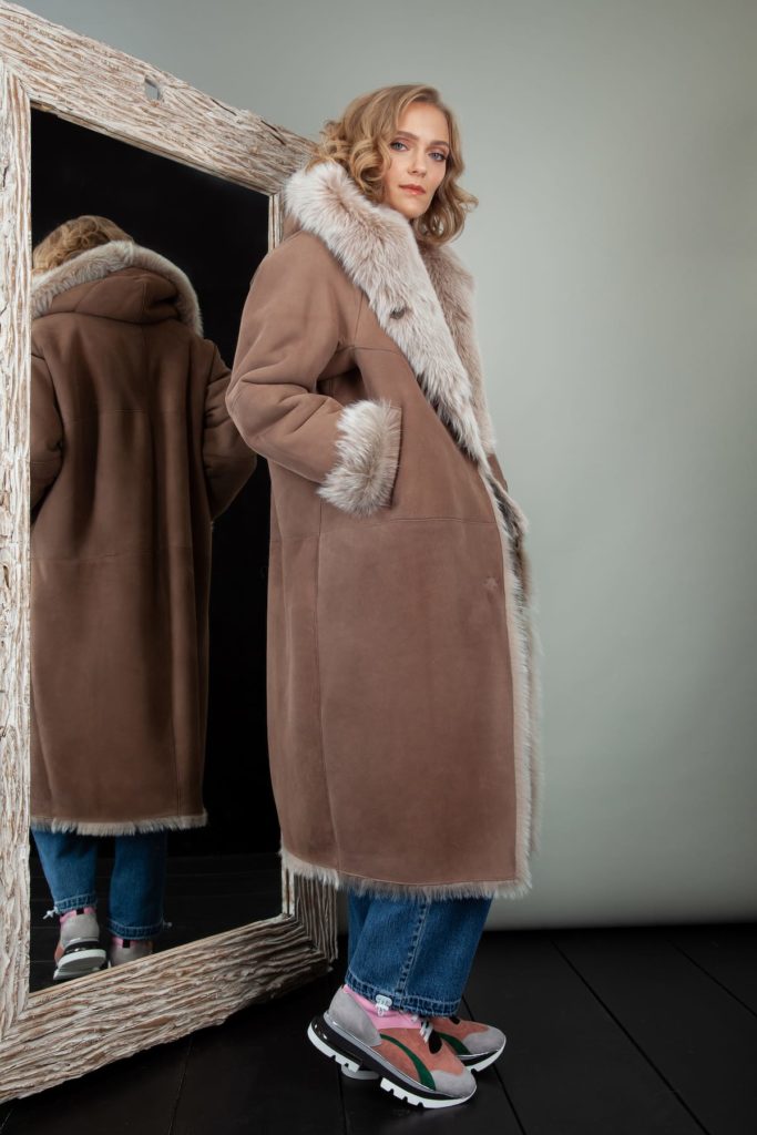 Fur Lined Hooded Beige Toscana Sheepskin Coat Handmade By Nordfur