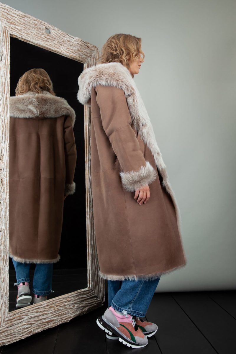 beige fur lined sheepskin fur hooded coat