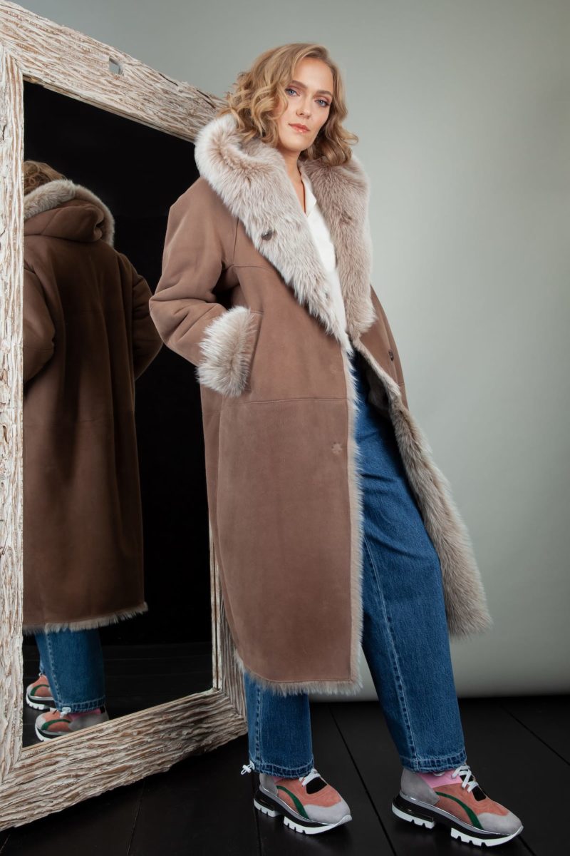 beige fur lined sheepskin fur hooded coat
