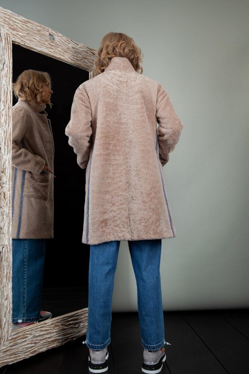 beige sheepskin coat with blue fur stripes for women