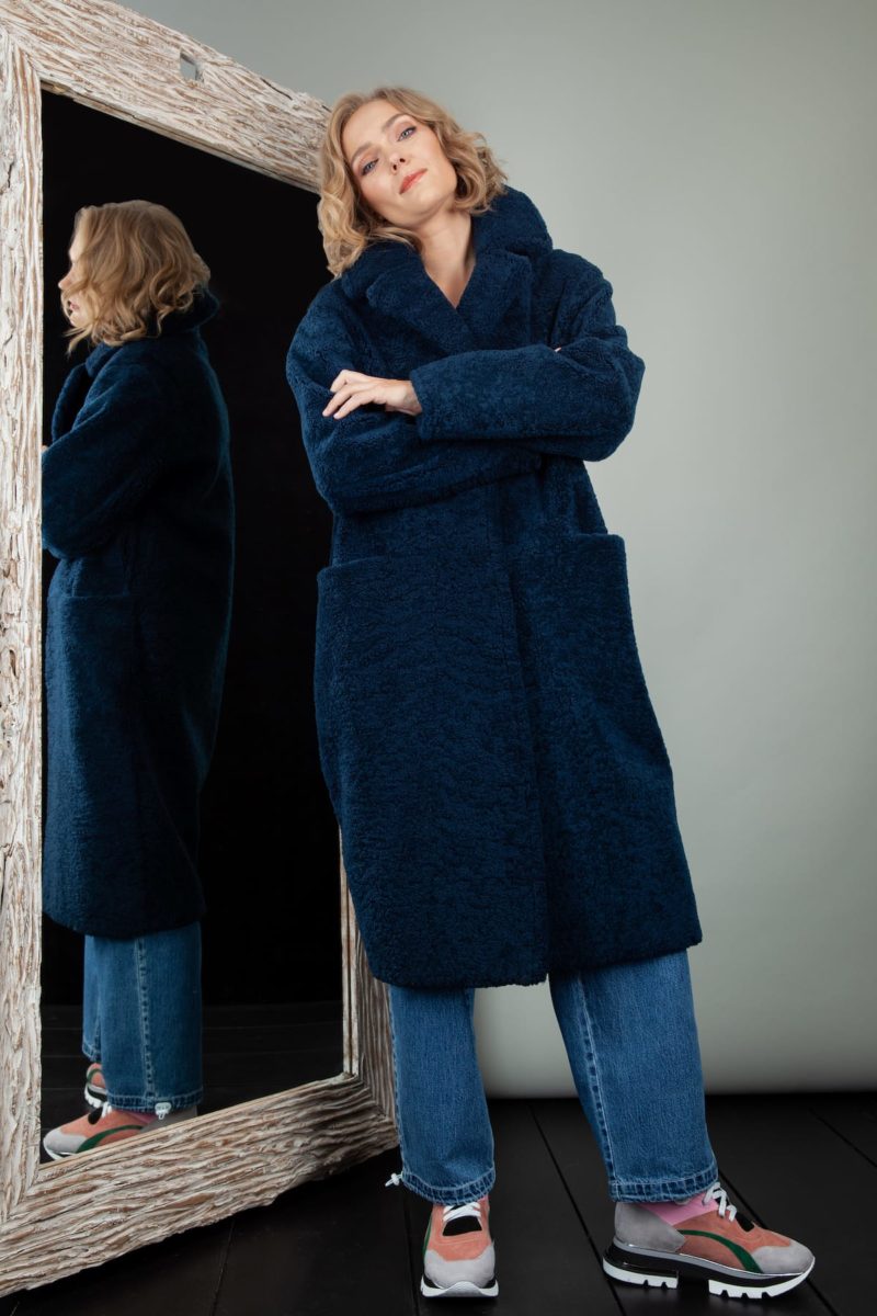 blue oversize sheepskin teddy bear coat for women