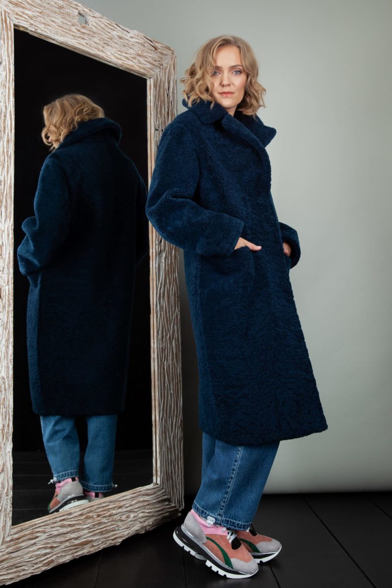 blue oversize sheepskin teddy bear coat for women
