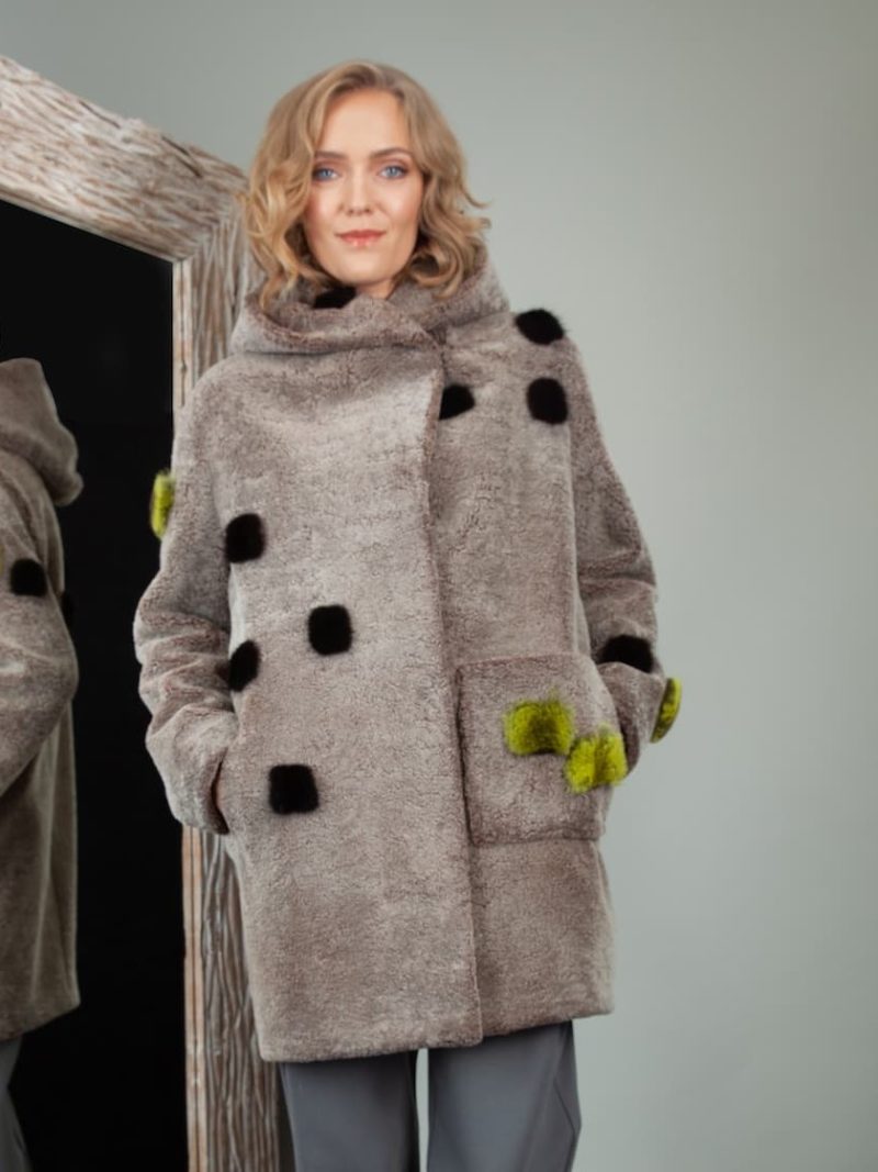 brown sheepskin hooded coat with mink fur decoration