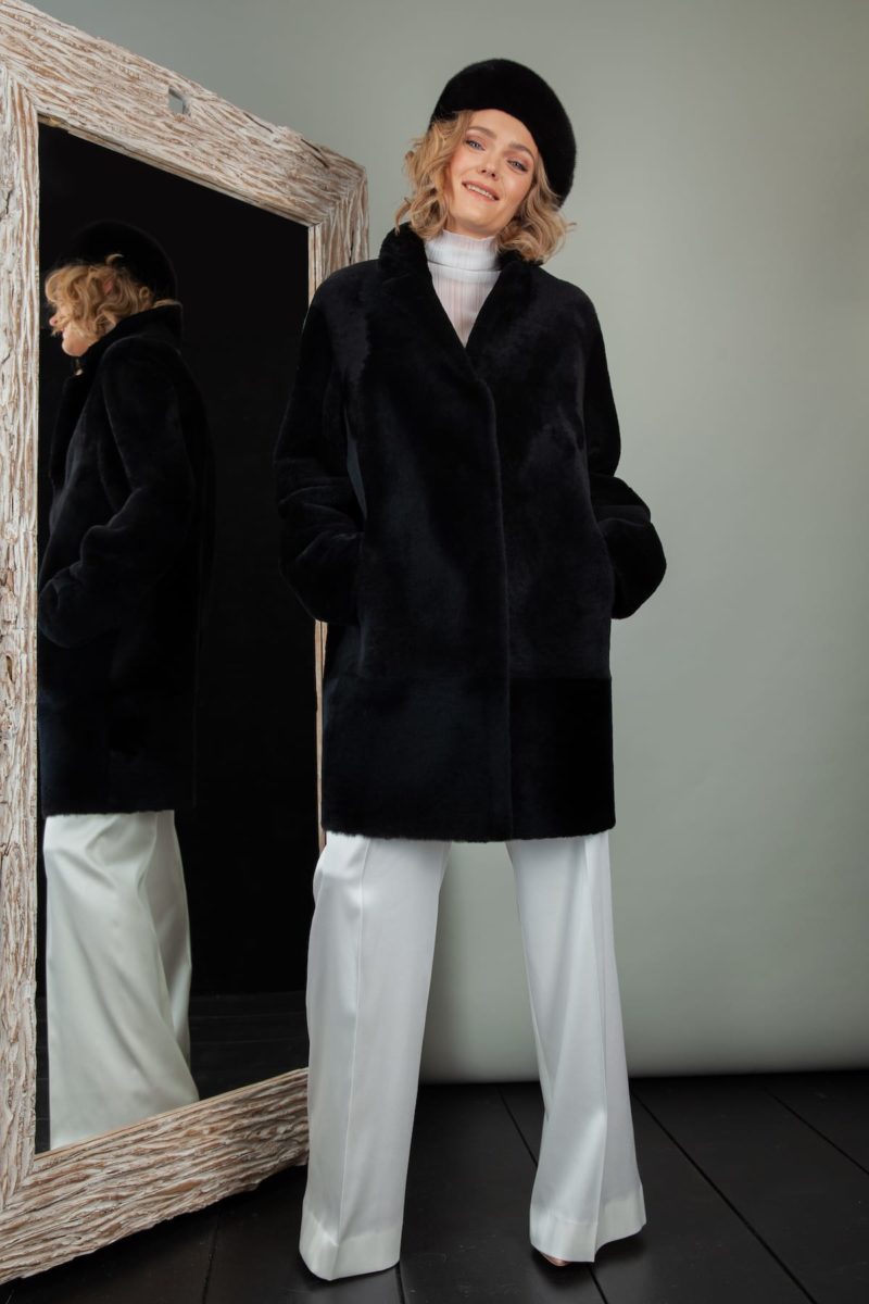 double-sided black fur lined merino sheepskin fur jacket for women