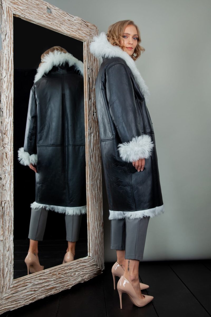 fur-lined black leather white hair sheepskin fur coat