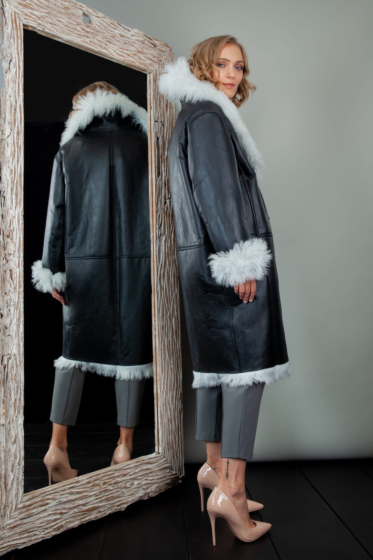White Fur-Lined & Black Leather Sheepskin Coat | Handmade by NordFur