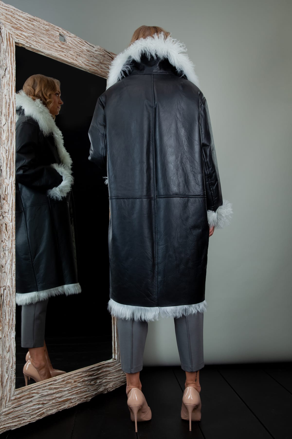 White Fur-Lined & Black Leather Sheepskin Coat | Handmade by NordFur