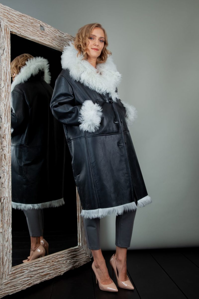 fur-lined black leather white hair sheepskin fur coat