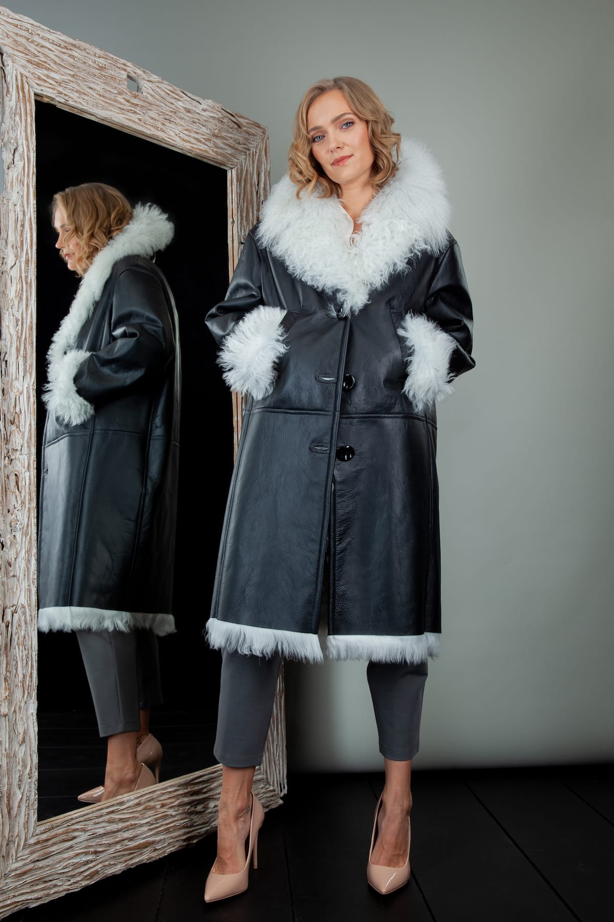 White Fur-Lined & Black Leather Sheepskin Coat