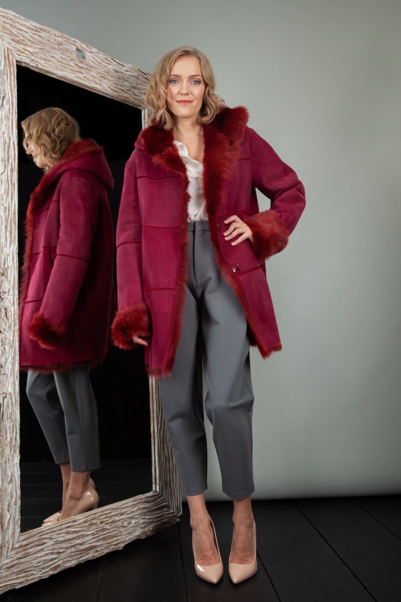 fur lined red sheepskin fur hooded coat for women