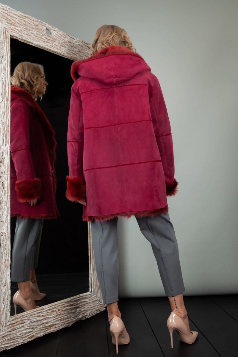 fur lined red sheepskin fur hooded coat for women