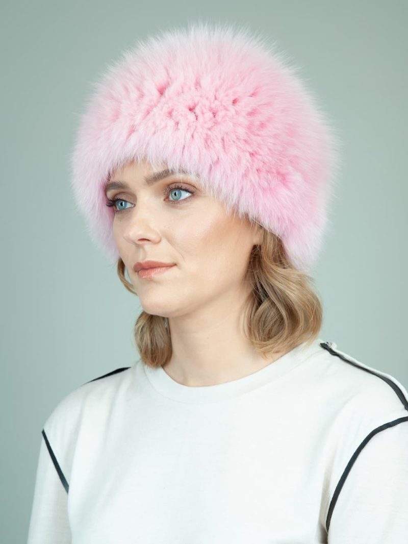 knit pink fox fur hat for women