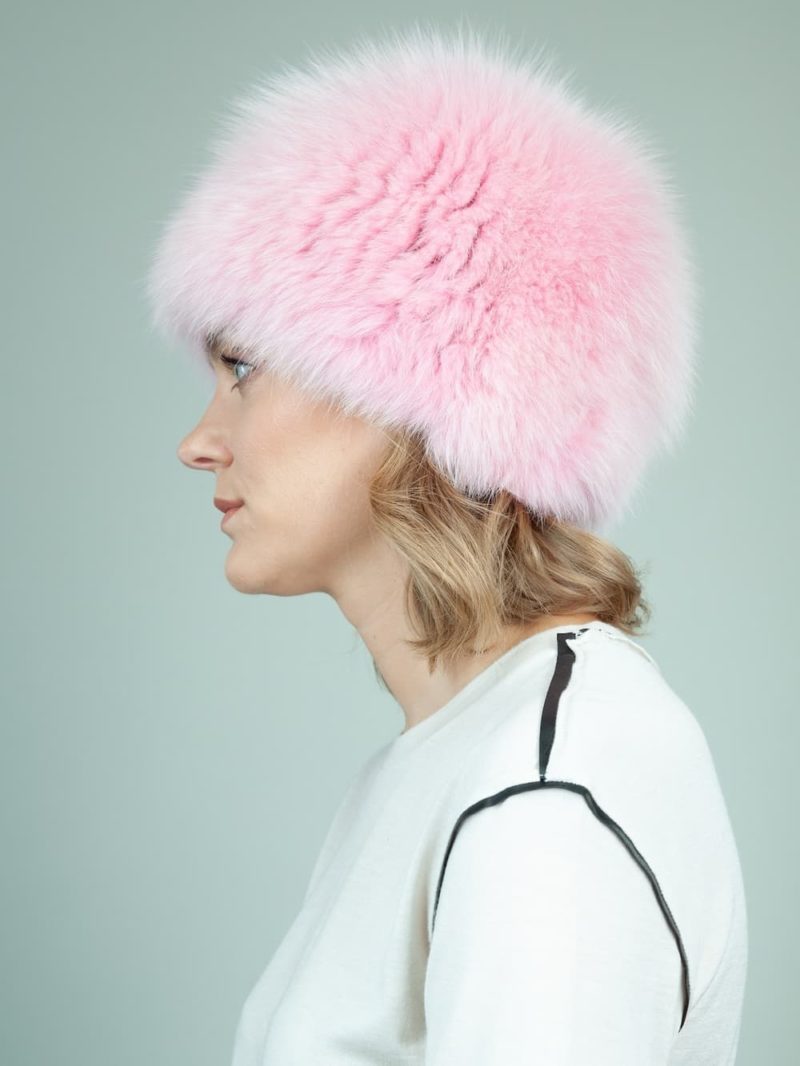 knit pink fox fur hat for women