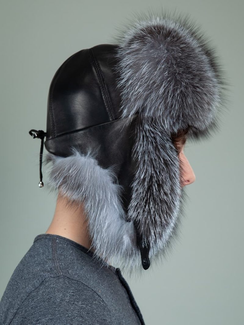 black leather and silver fox fur ushanka hat with ears for men & women