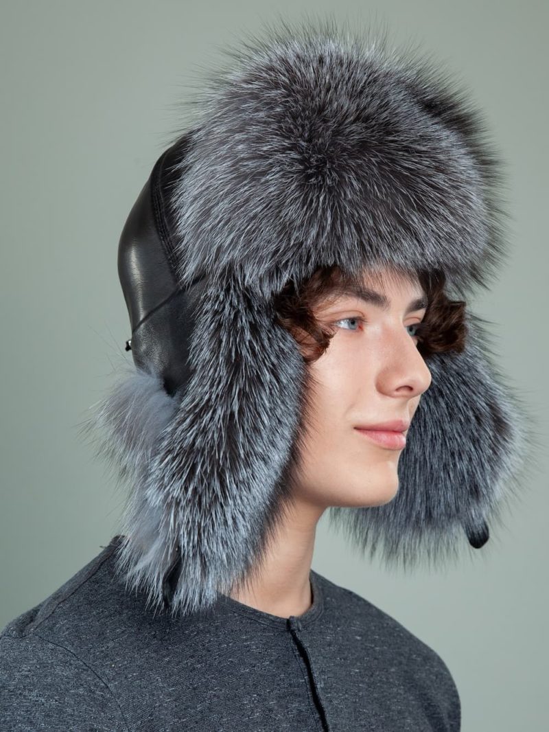 black leather and silver fox fur ushanka hat with ears for men & women