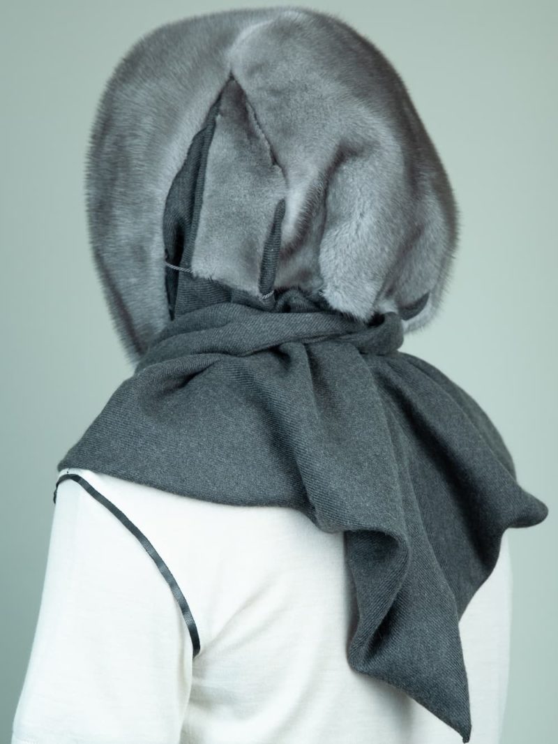natural blue iris mink fur hooded scarf with gray cashmere lining for women