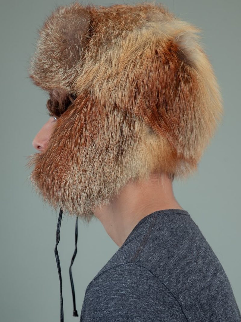 natural red fox full fur russian trapper hat with ears for men