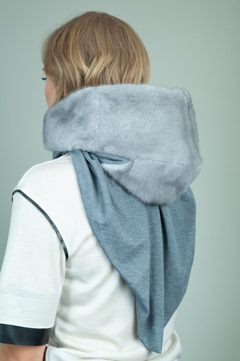 natural sapphire mink fur hooded scarf with gray cashmere lining for women