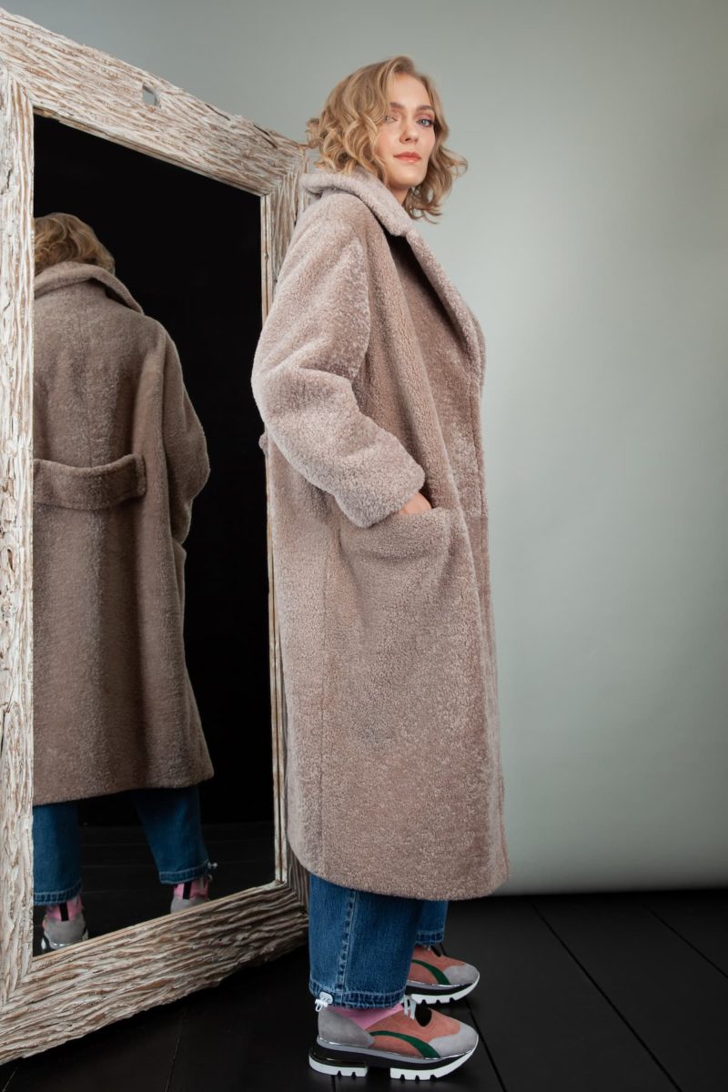 oversized beige sheepskin teddy coat with revere collar for women