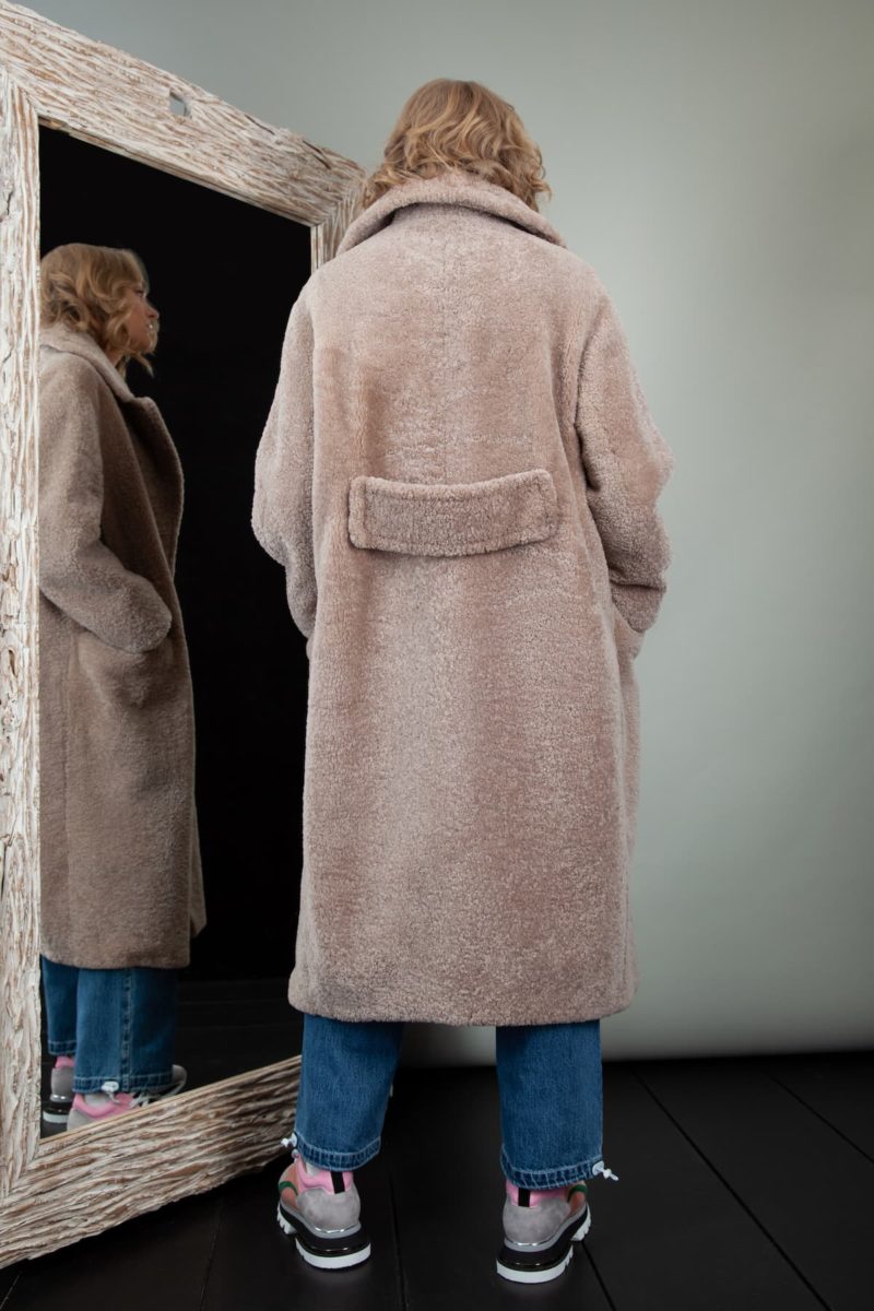 oversized beige sheepskin teddy coat with revere collar for women