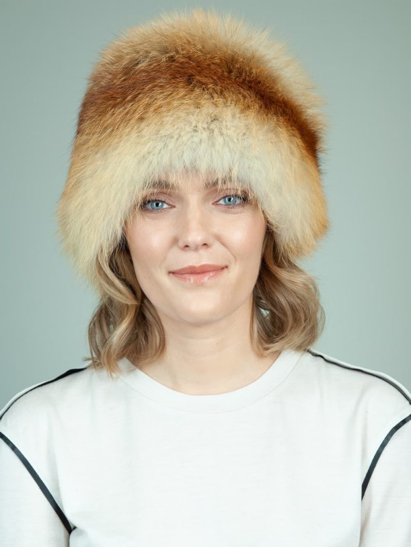 round natural red fox fur hat for women