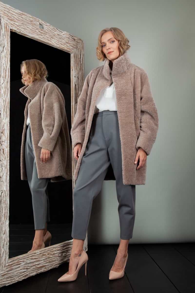 oversize short beige sheepskin coat for women