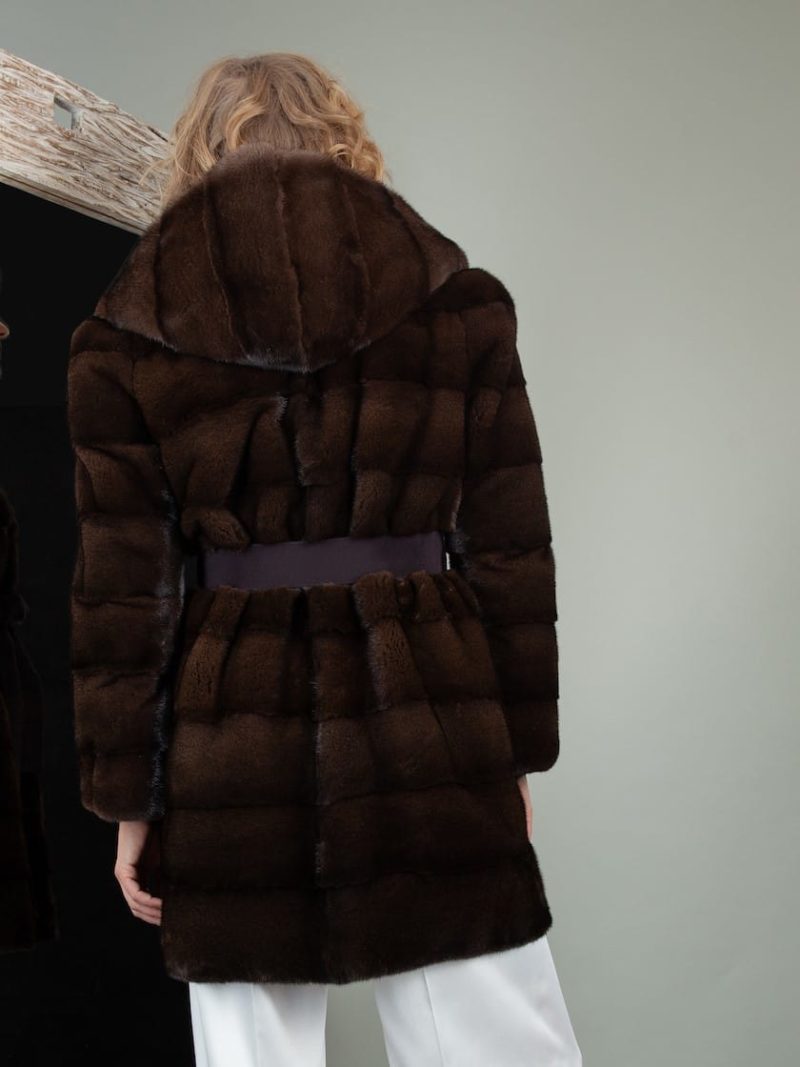 short dark brown mink fur hooded jacket with belt for women