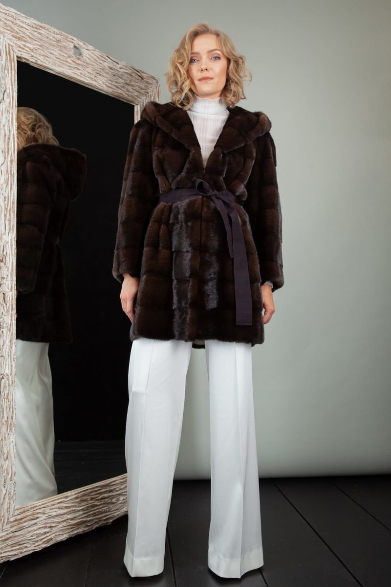 short dark brown mink fur hooded jacket with belt for women