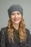 Dark Gray Knit Cashmere Beanie Hat with Fox Fur Pom-Pom