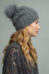 Dark Gray Knit Cashmere Beanie Hat with Fox Fur Pom-Pom