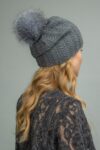 Dark Gray Knit Cashmere Beanie Hat with Fox Fur Pom-Pom