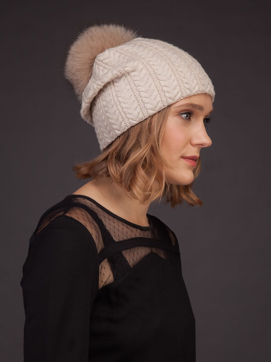 Beige Knit Cashmere Beanie Hat with Fox Fur Pom-Pom | Handmade by NordFur