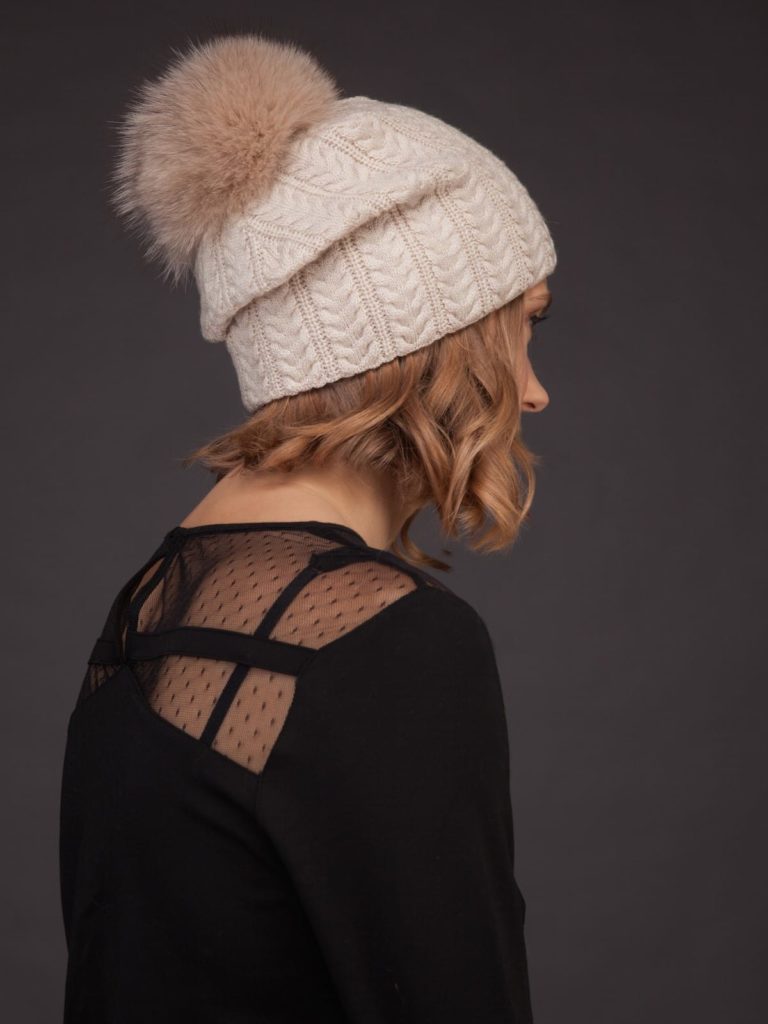 Beige Knit Cashmere Beanie Hat with Fox Fur Pom-Pom | Handmade by NordFur