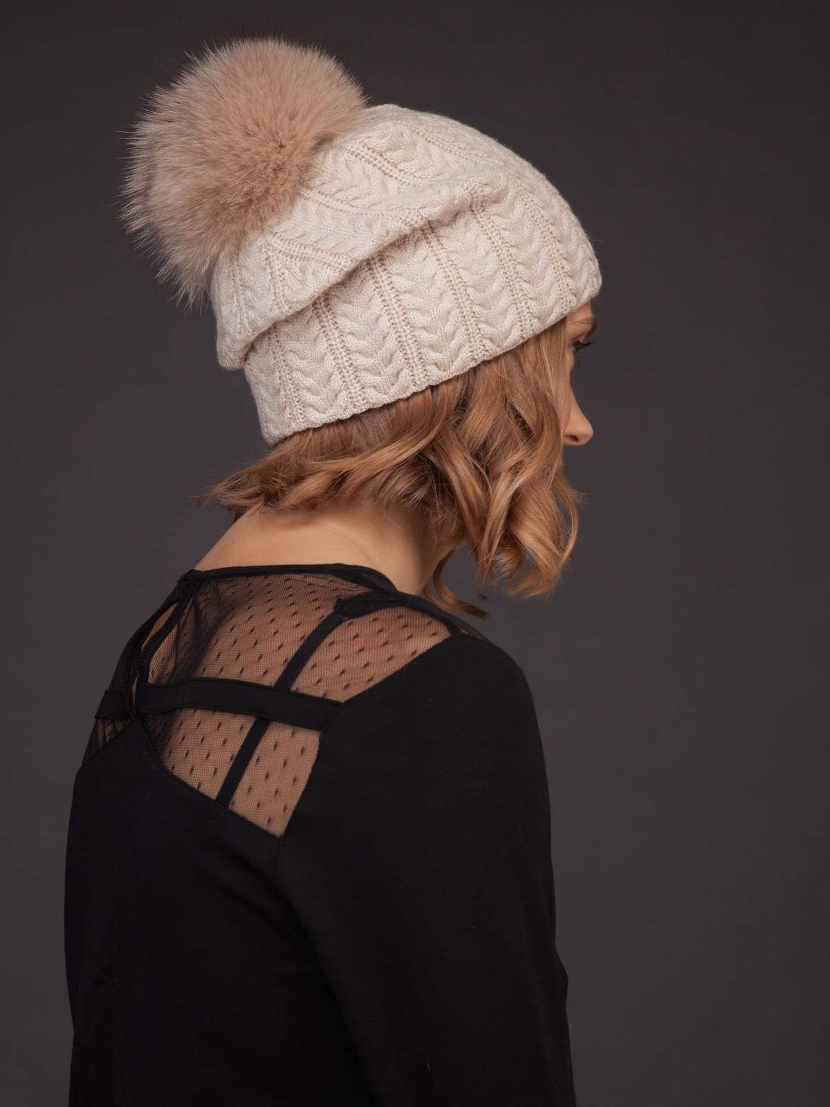 Beige Knit Cashmere Beanie Hat with Fox Fur Pom-Pom | NordFur