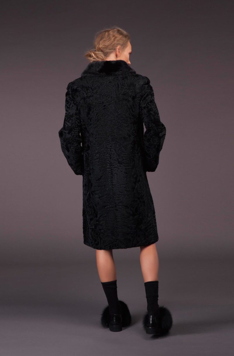 black astrakhan karakul fur coat with mink fur collar
