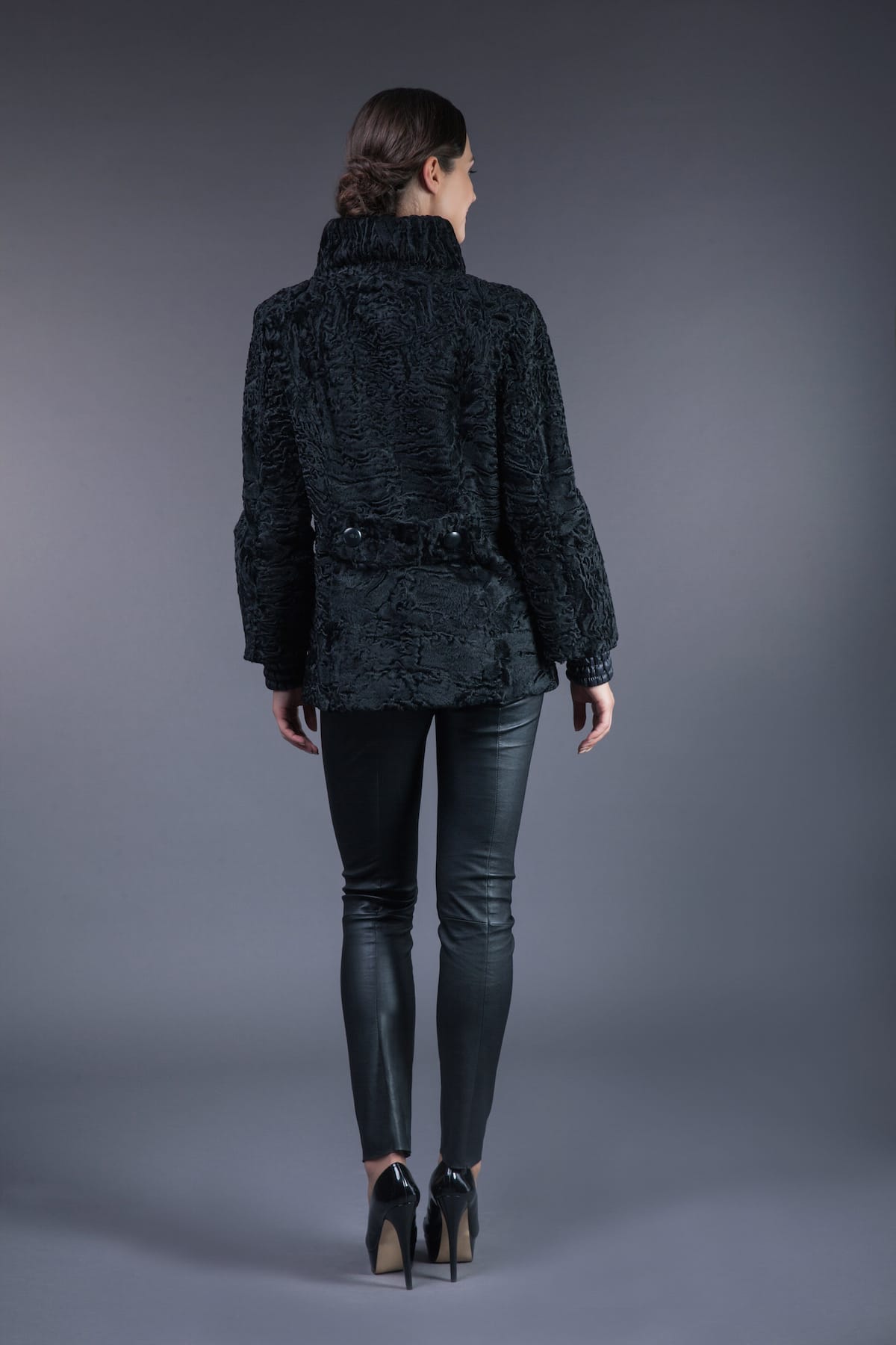 Black Karakul Fur Jacket with Round Collar | Handmade by NordFur